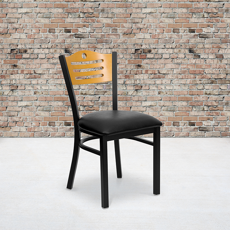 HERCULES Series Black Slat Back Metal Restaurant Chair - Natural Wood Back, Black Vinyl Seat XU-DG-6G7B-SLAT-BLKV-GG