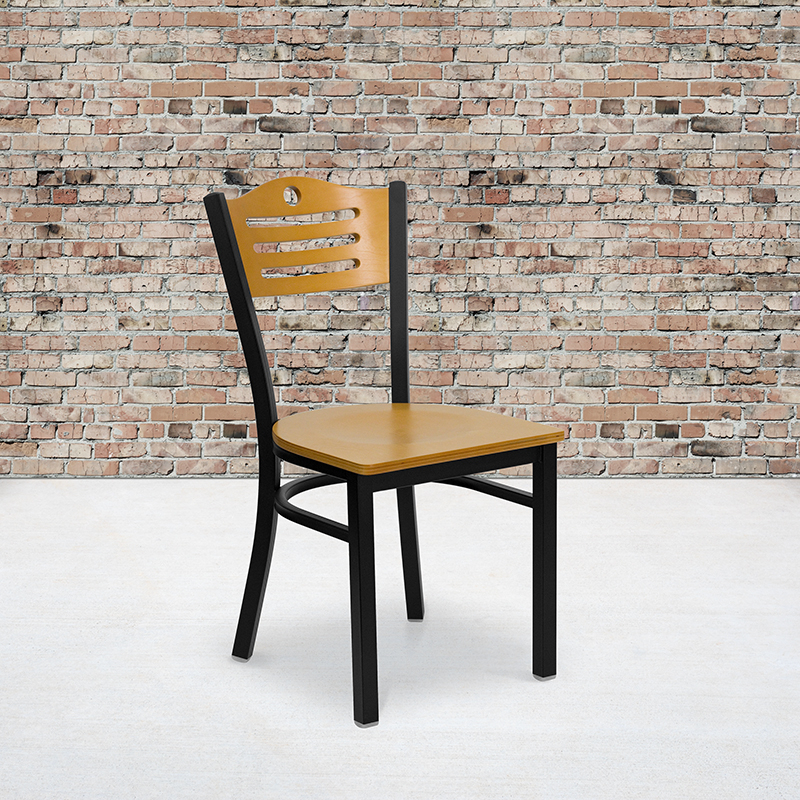HERCULES Series Black Slat Back Metal Restaurant Chair - Natural Wood Back And Seat XU-DG-6G7B-SLAT-NATW-GG