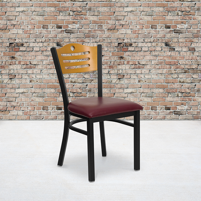HERCULES Series Black Slat Back Metal Restaurant Chair - Natural Wood Back, Burgundy Vinyl Seat XU-DG-6G7B-SLAT-BURV-GG