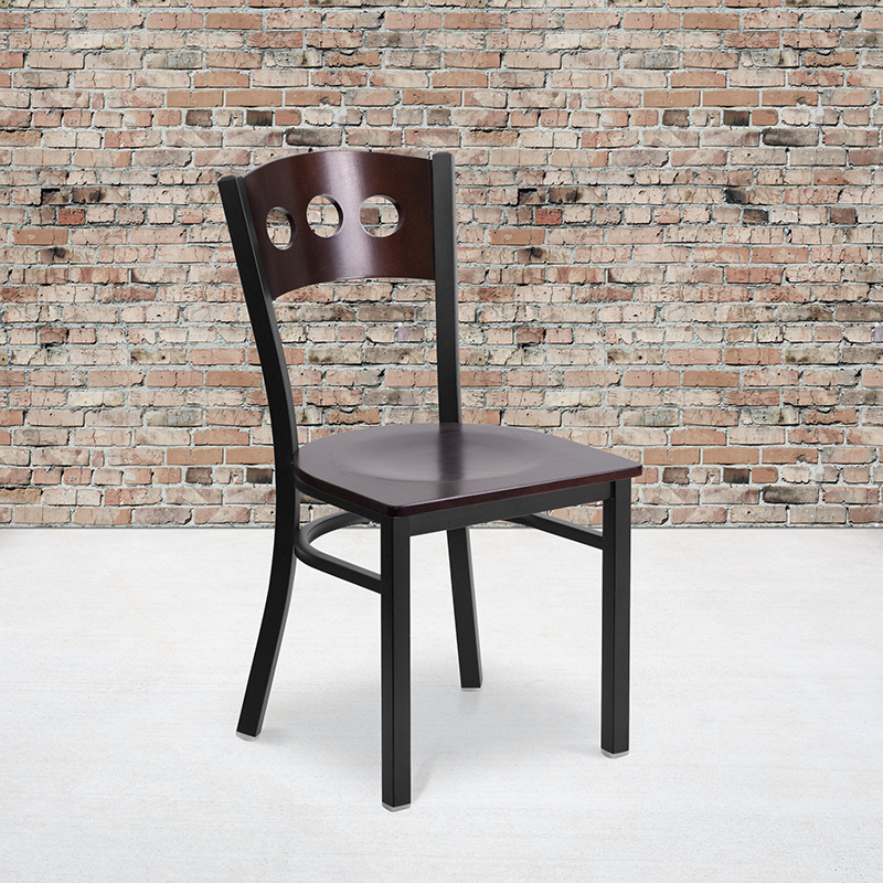 HERCULES Series Black 3 Circle Back Metal Restaurant Chair - Walnut Wood Back And Seat XU-DG-6Y2B-WAL-MTL-GG