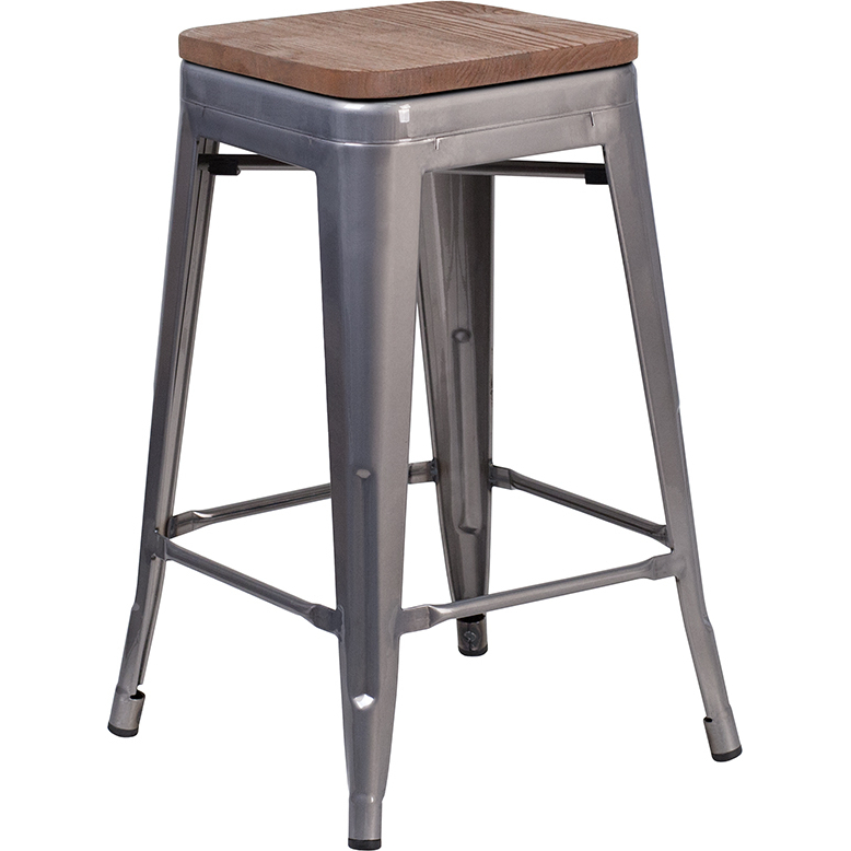 24 High Backless Clear Coated Metal Counter Height Stool With Square Wood Seat XU-DG-TP0004-24-WD-GG