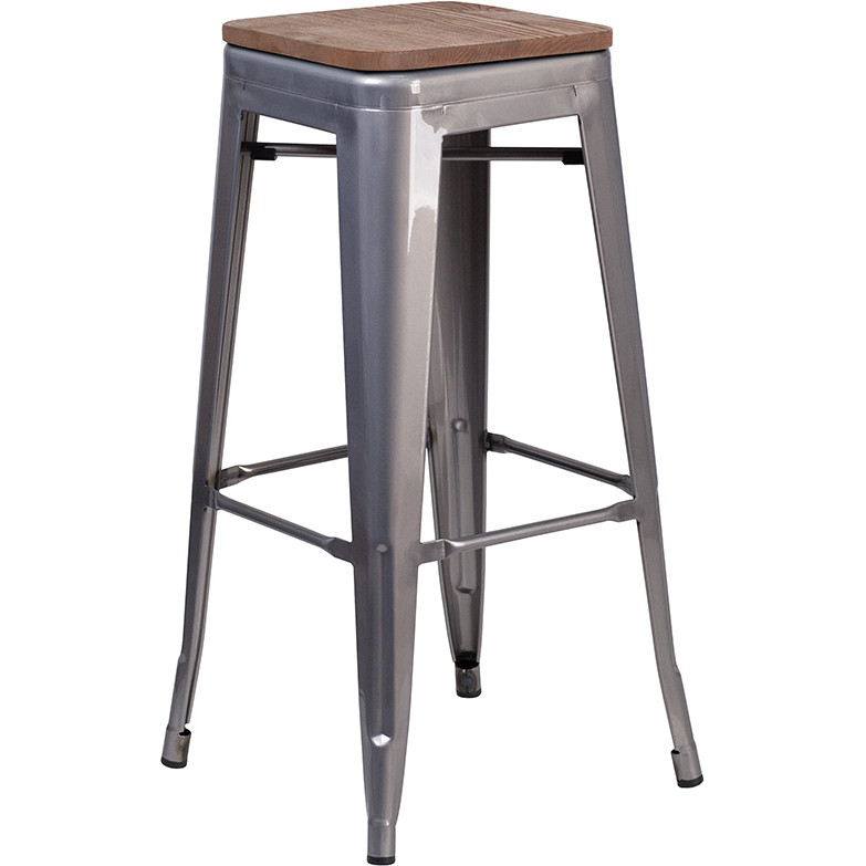 30 High Backless Clear Coated Metal Barstool With Square Wood Seat XU-DG-TP0004-30-WD-GG