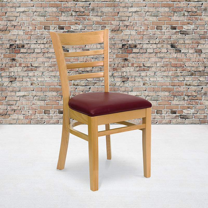HERCULES Series Ladder Back Natural Wood Restaurant Chair - Burgundy Vinyl Seat XU-DGW0005LAD-NAT-BURV-GG