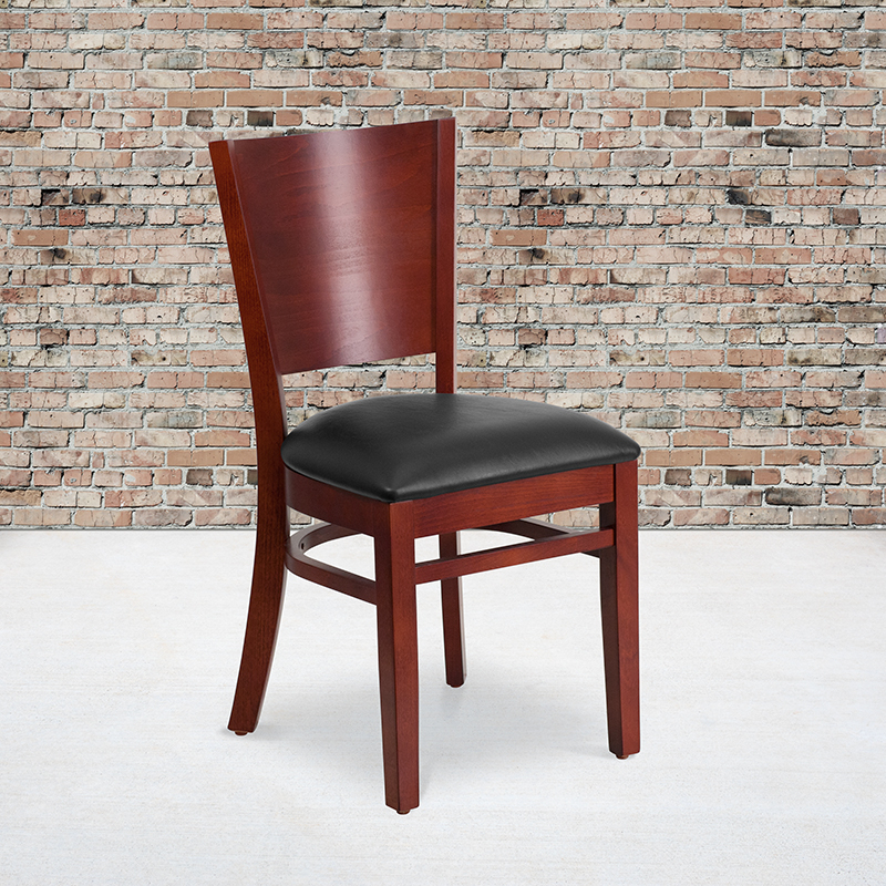 Lacey Series Solid Back Mahogany Wood Restaurant Chair - Black Vinyl Seat XU-DG-W0094B-MAH-BLKV-GG
