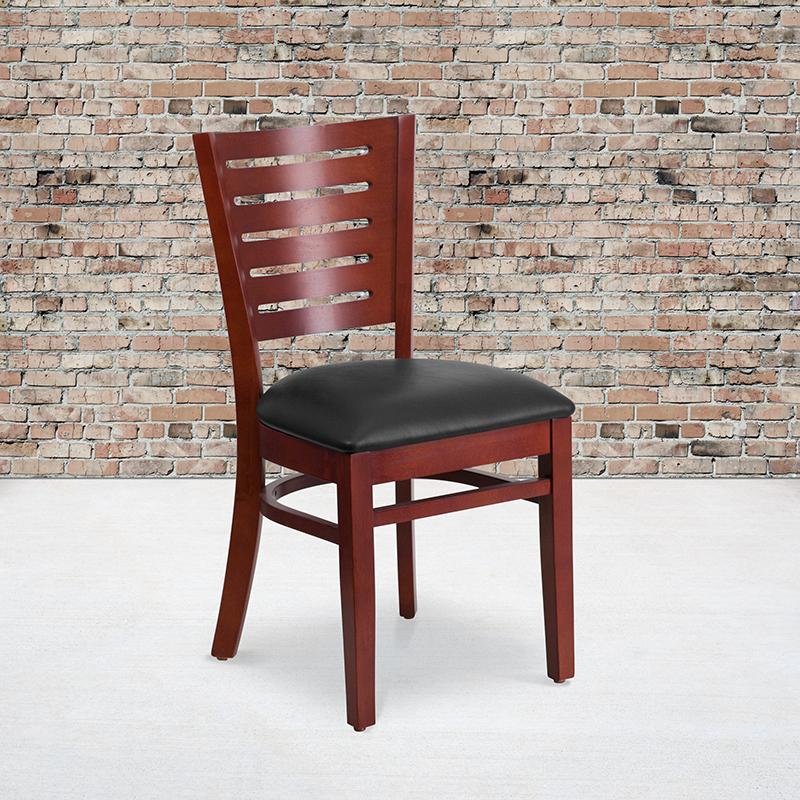 Darby Series Slat Back Mahogany Wood Restaurant Chair - Black Vinyl Seat XU-DG-W0108-MAH-BLKV-GG