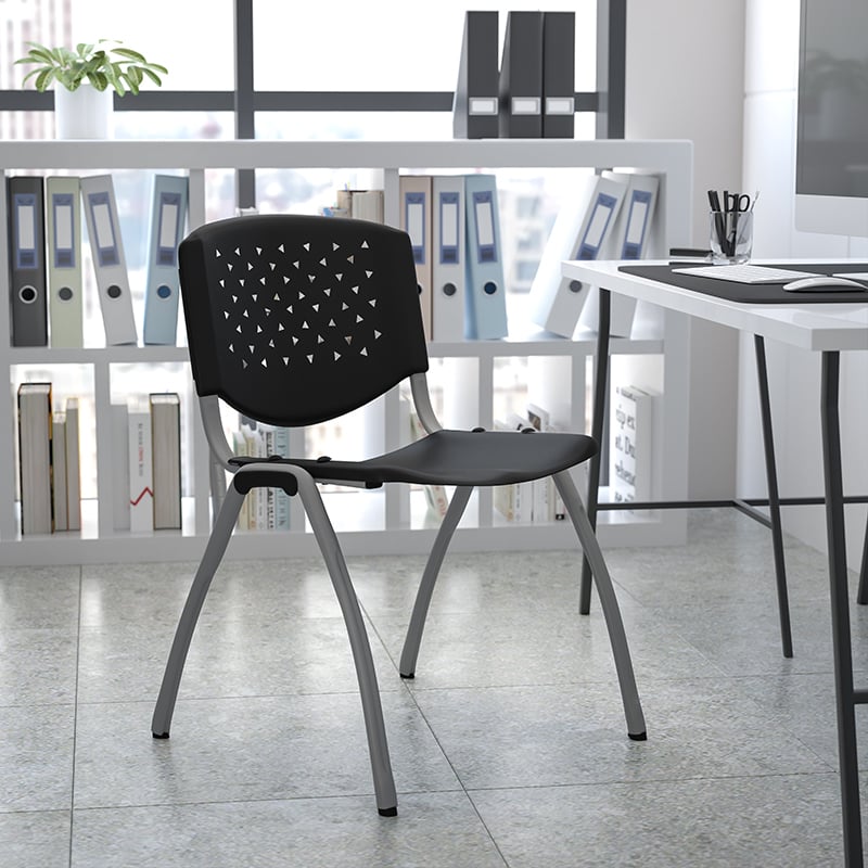 HERCULES Series 880 Lb. Capacity Black Plastic Stack Chair With Titanium Gray Powder Coated Frame RUT-F01A-BK-GG