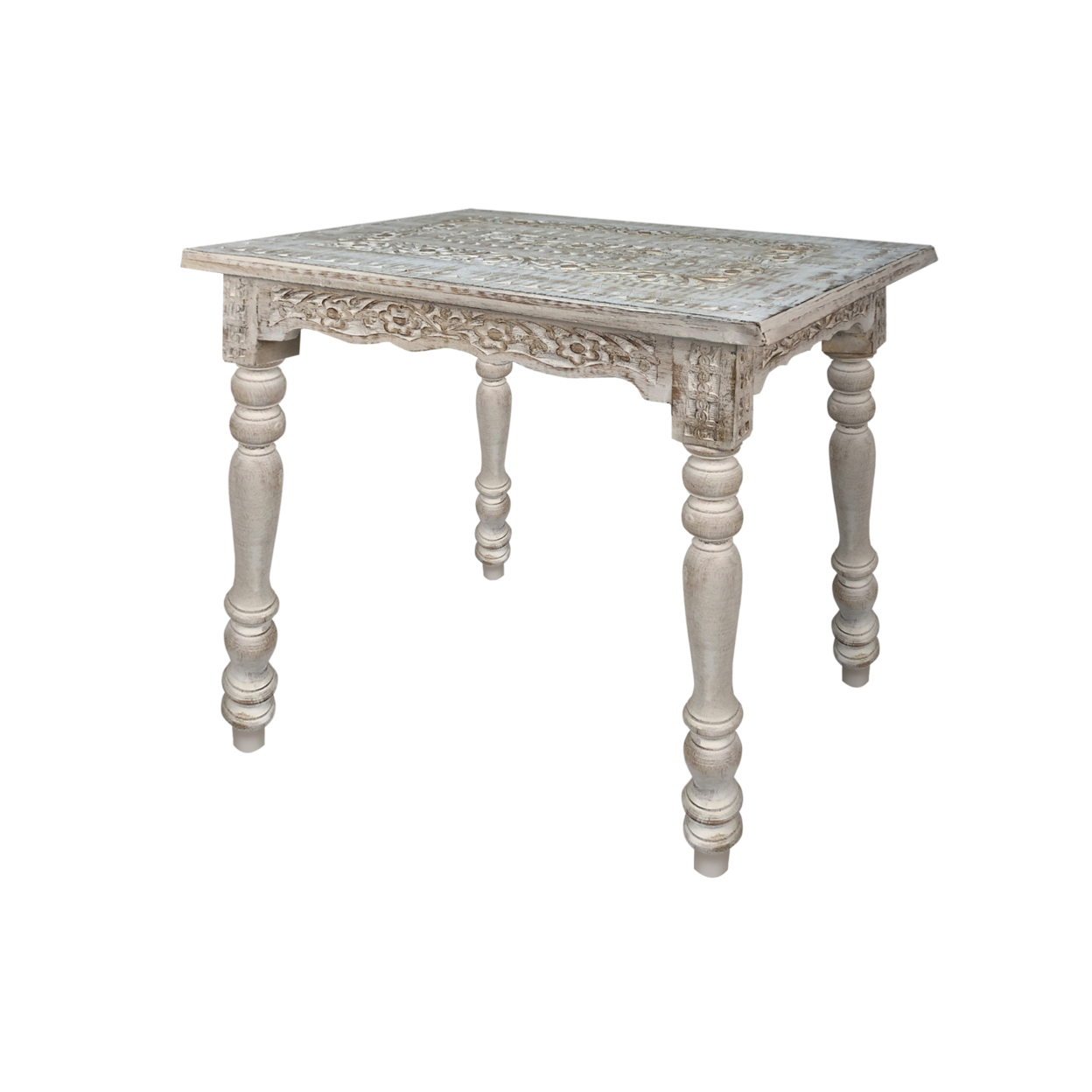 Wooden Side Table With Carved Rectangular Top And Turned Legs, Antique White,Saltoro Sherpi