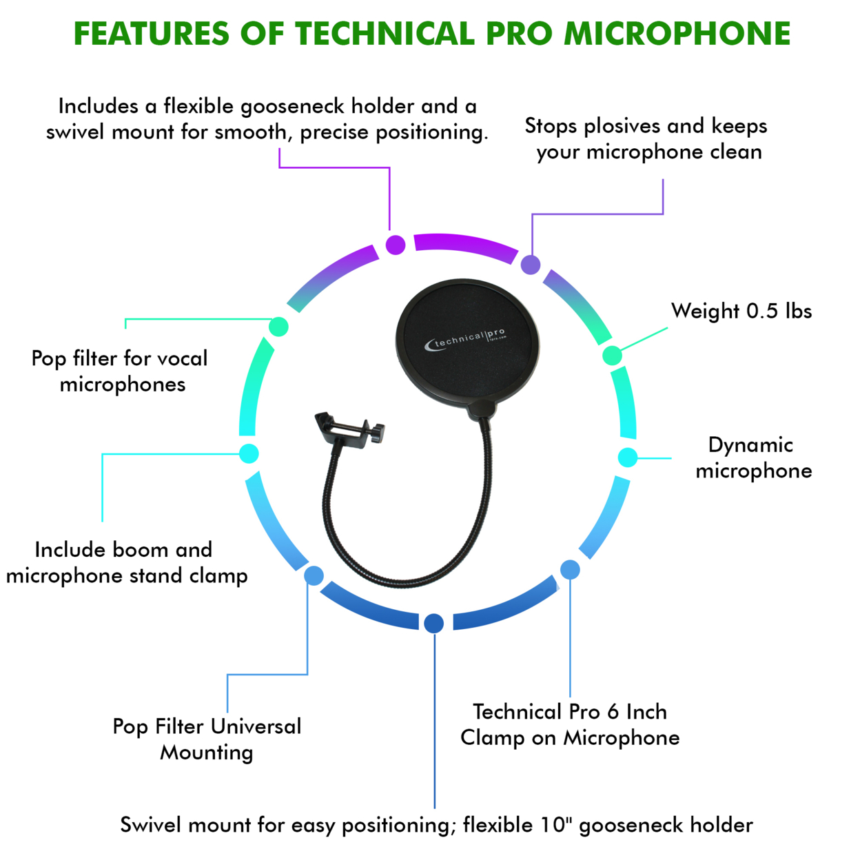 Technical Pro 6 Inch Clamp On Microphone Pop Filter Universal Mounting, Gooseneck Holder And Swivel Mount Included For Live Broadcasting