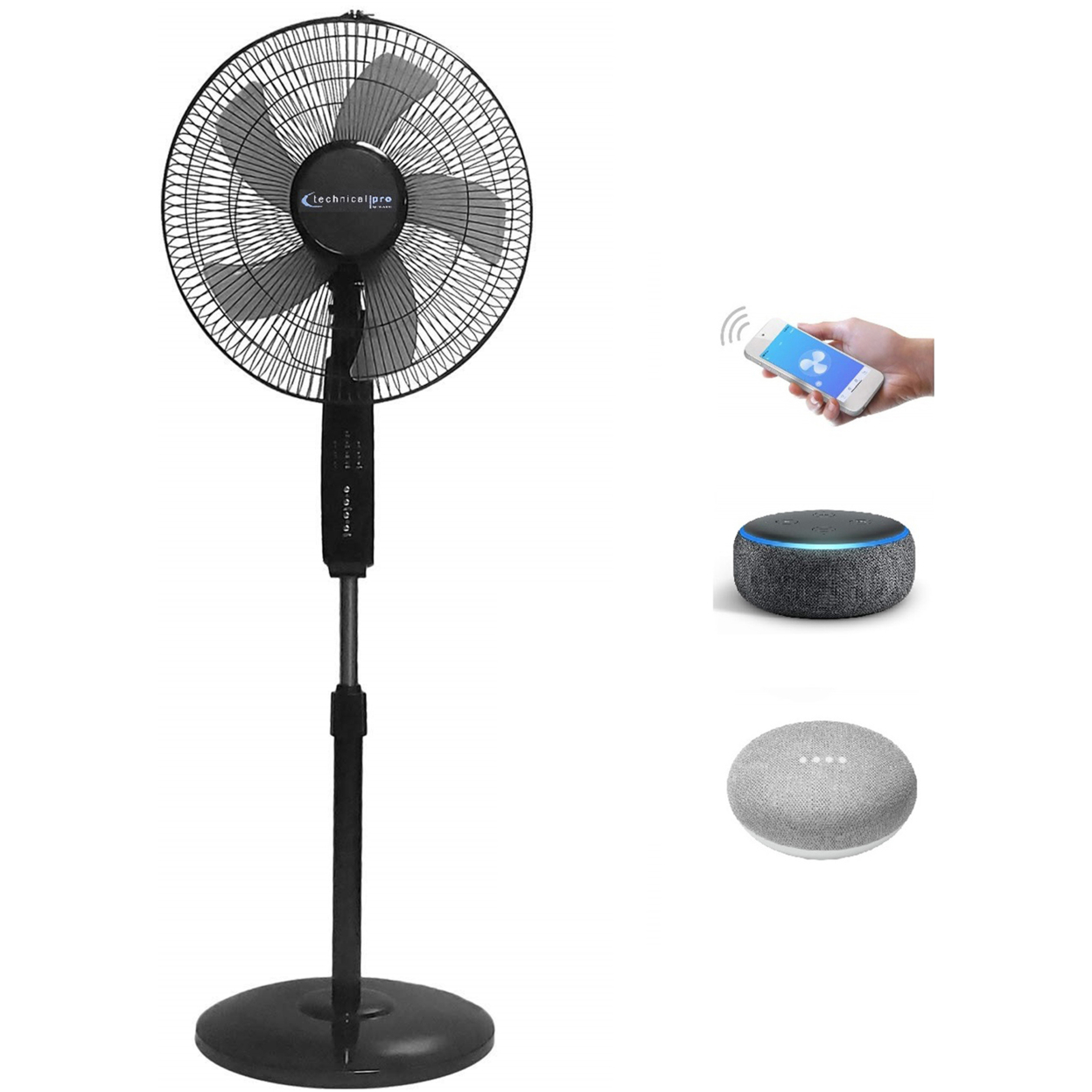 Technical Pro Smart Oscillating Pedestal Fan, 3 Speed Portable 16 Inch WIFI Enabled Standing Fan With Adjustable Height, Tilting (Black)