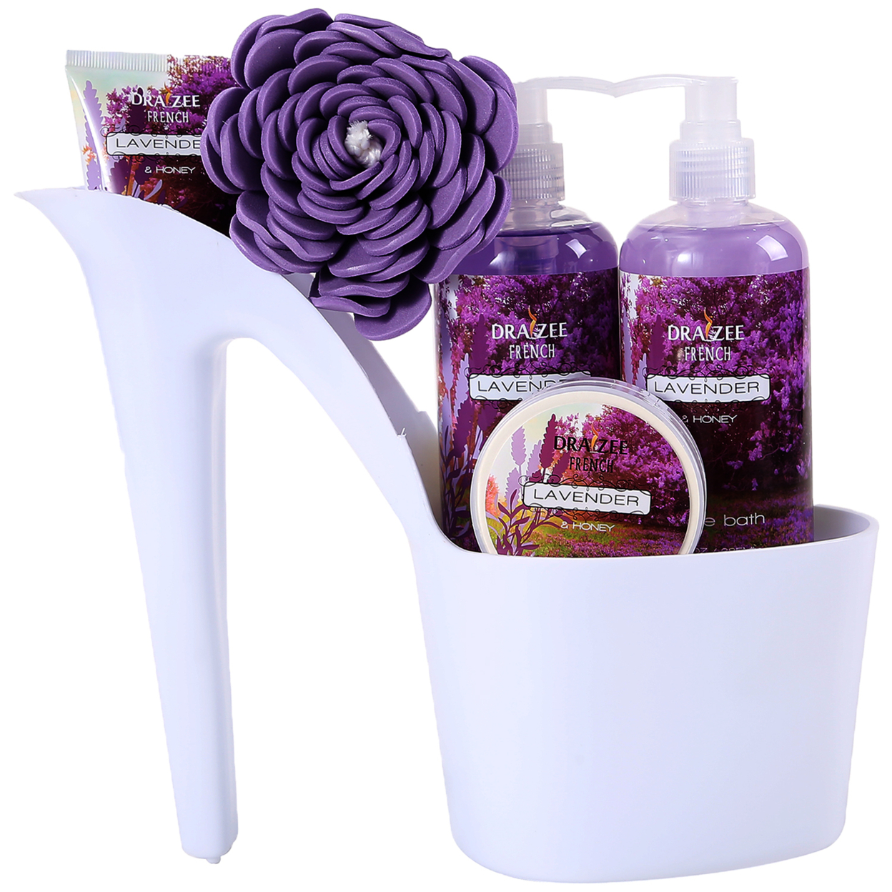 Draizee Heel Shoe Spa Gift Set Lavender Scented Bath Essentials Gift Basket W/ Gel, Bubble Bath, Body Butter, Lotion & Soft EVA Bath Puff