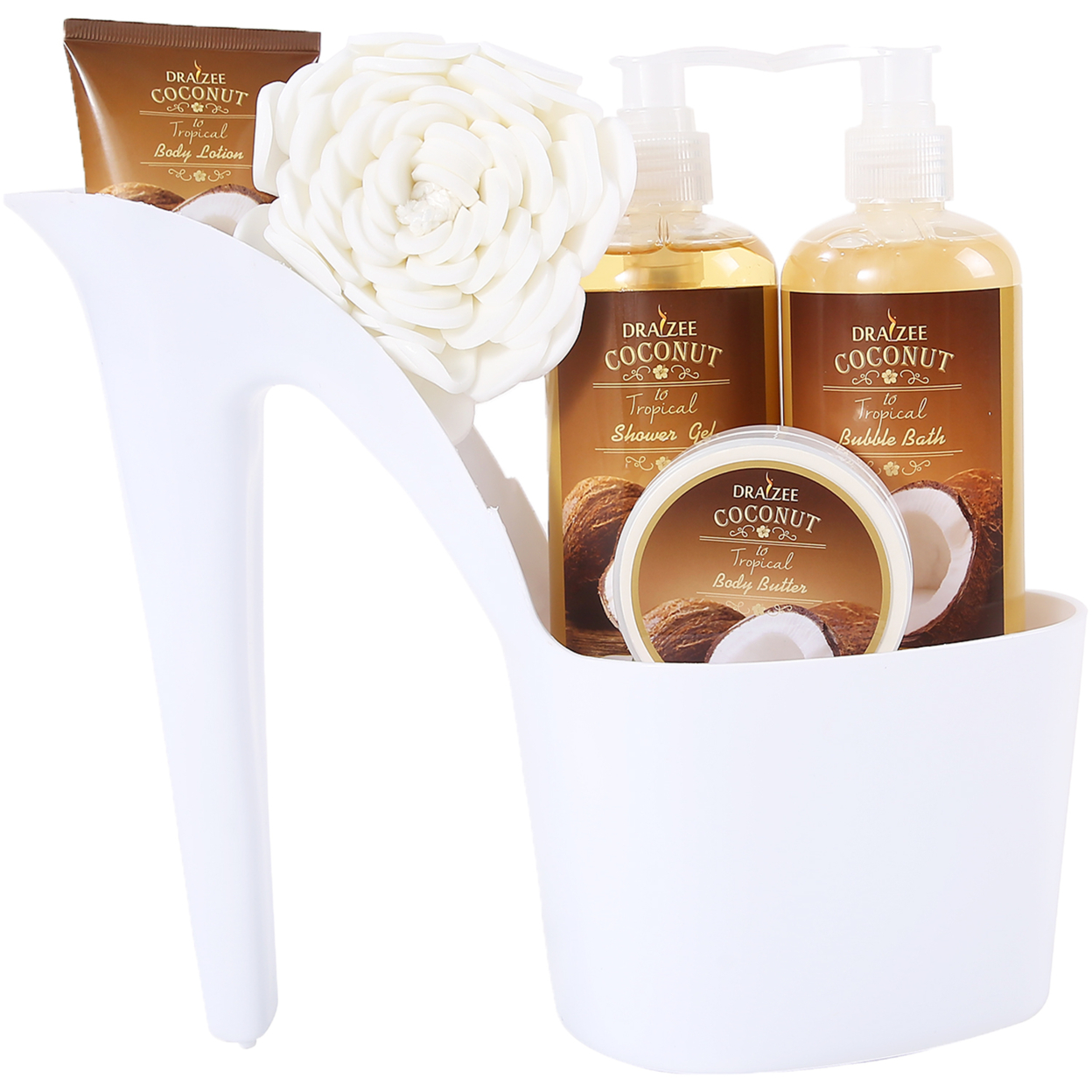 Draizee Heel Shoe Spa Gift Set Coconut Scented Bath Essentials Gift Basket W Gel, Bubble Bath, Body Butter, Lotion & Soft EVA Bath Puff