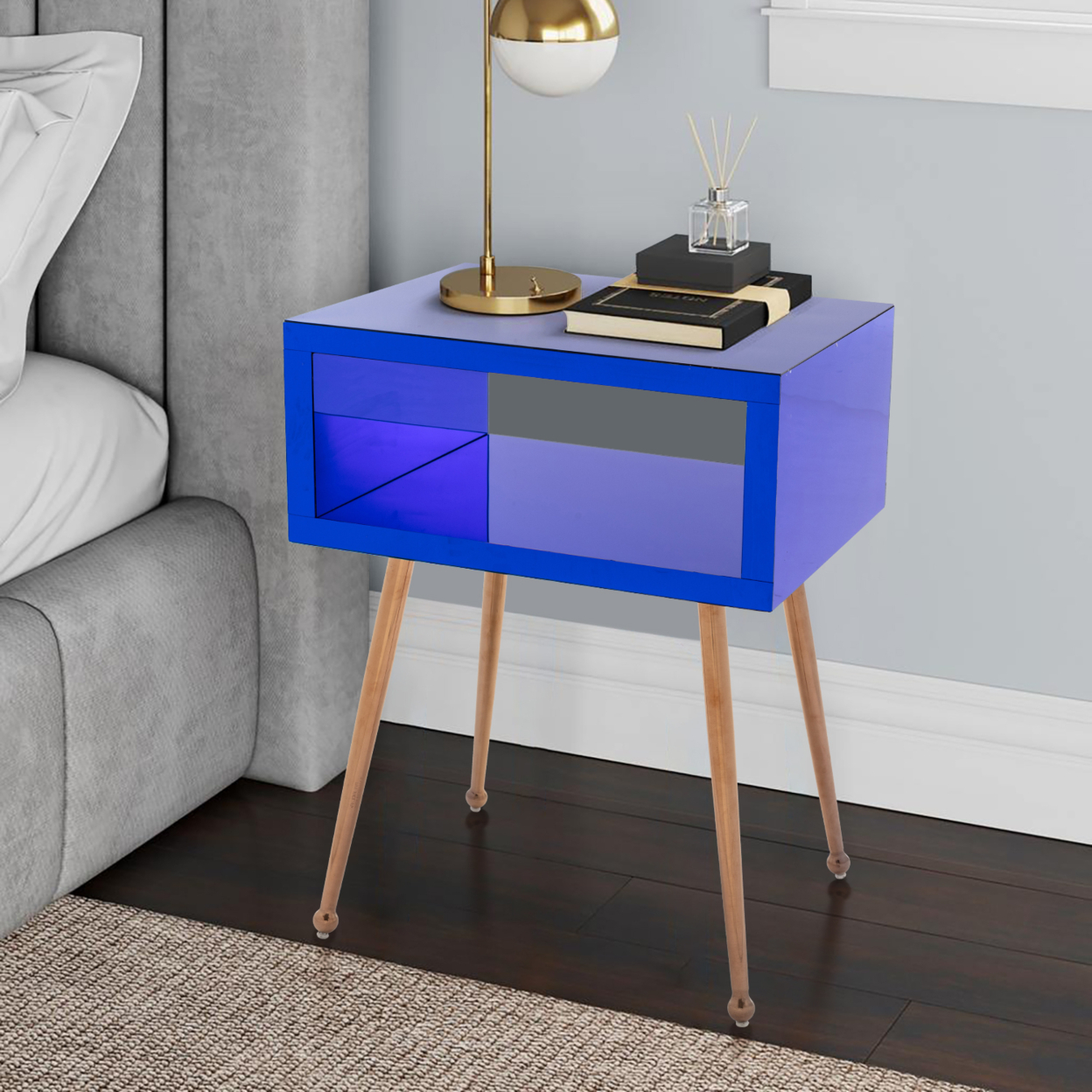 COOLMORE MIRROR END TABLE MIRROR NIGHTSTAND END&SIDE TABLE (Navy)