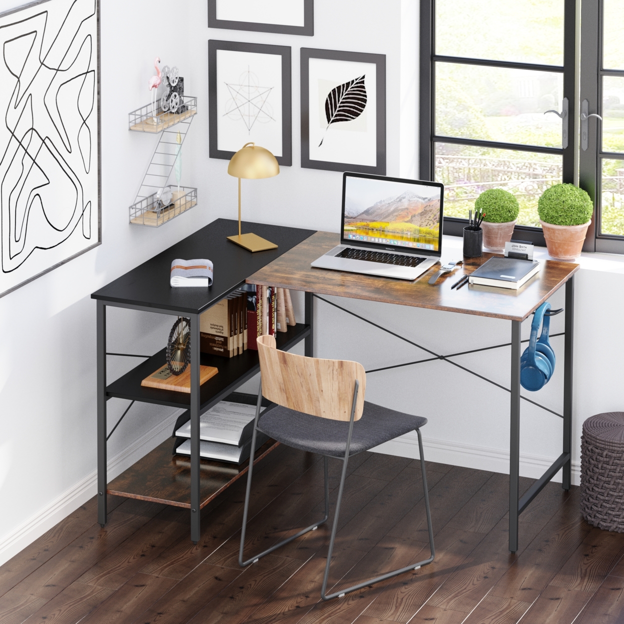 (West America Express shipping warehouseï¿½ï¿½two days to deliver goods)L-shaped black linen + retro double color matching desk