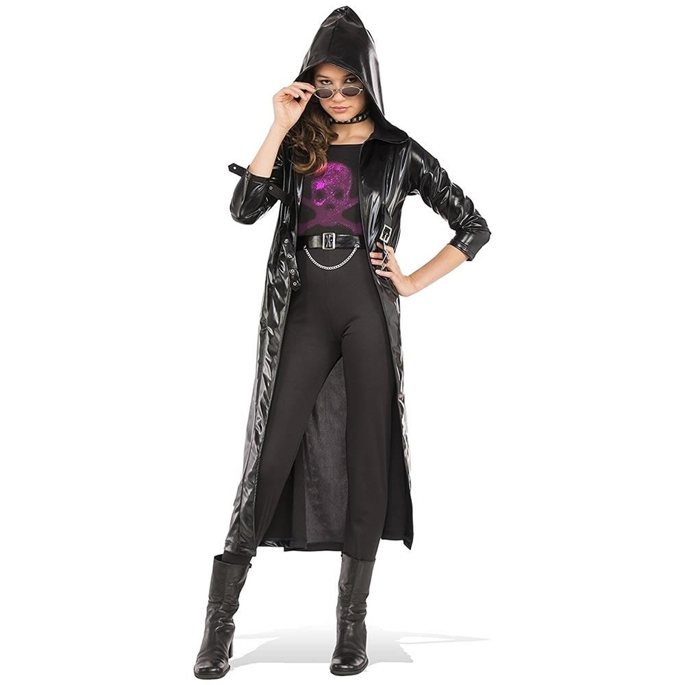 Black Goth Coat Set Girl Size S 0/2 Costume Belt Jumpsuit Hooded Rubie's