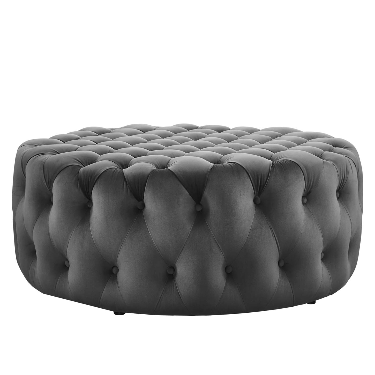 Amour Tufted Button Large Round Performance Velvet Ottoman, Gray