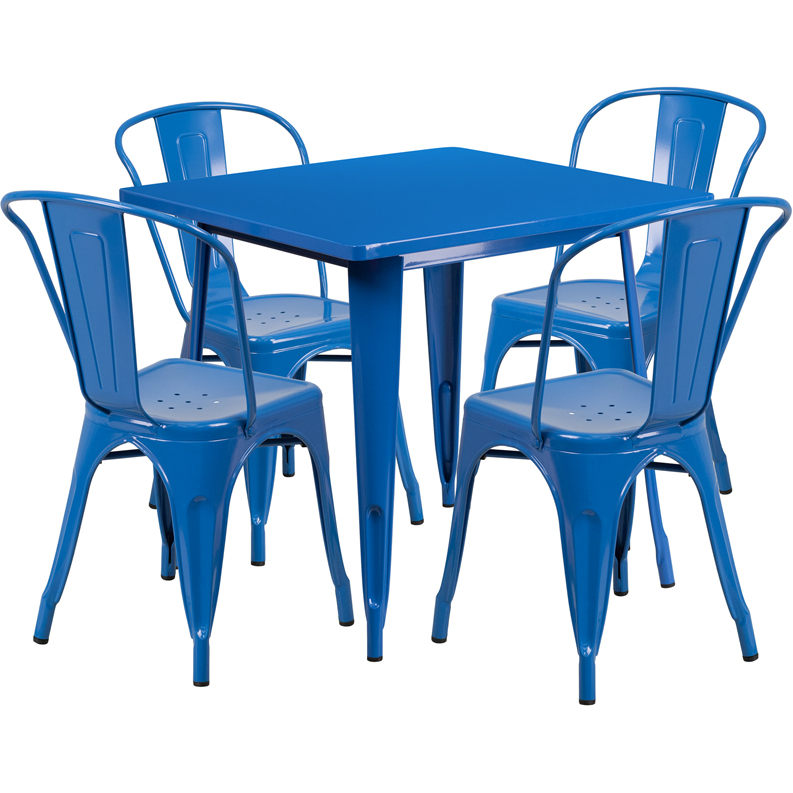 Commercial Grade 31.5 Square Blue Metal Indoor-Outdoor Table Set With 4 Stack Chairs