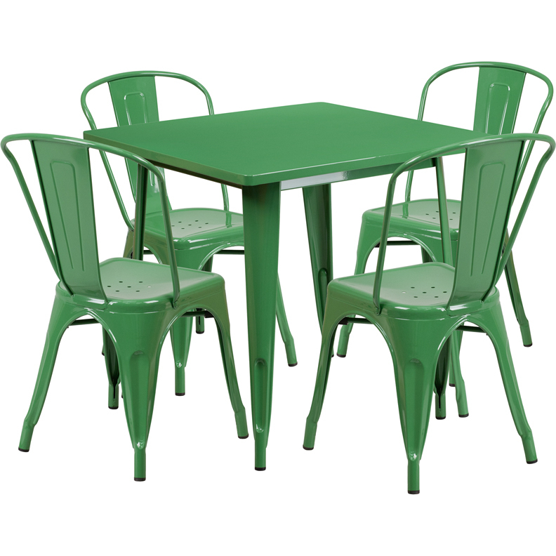 Commercial Grade 31.5 Square Green Metal Indoor-Outdoor Table Set With 4 Stack Chairs