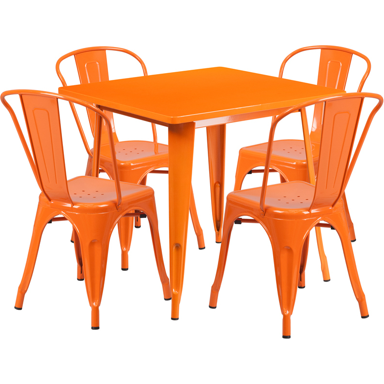 Commercial Grade 31.5 Square Orange Metal Indoor-Outdoor Table Set With 4 Stack Chairs
