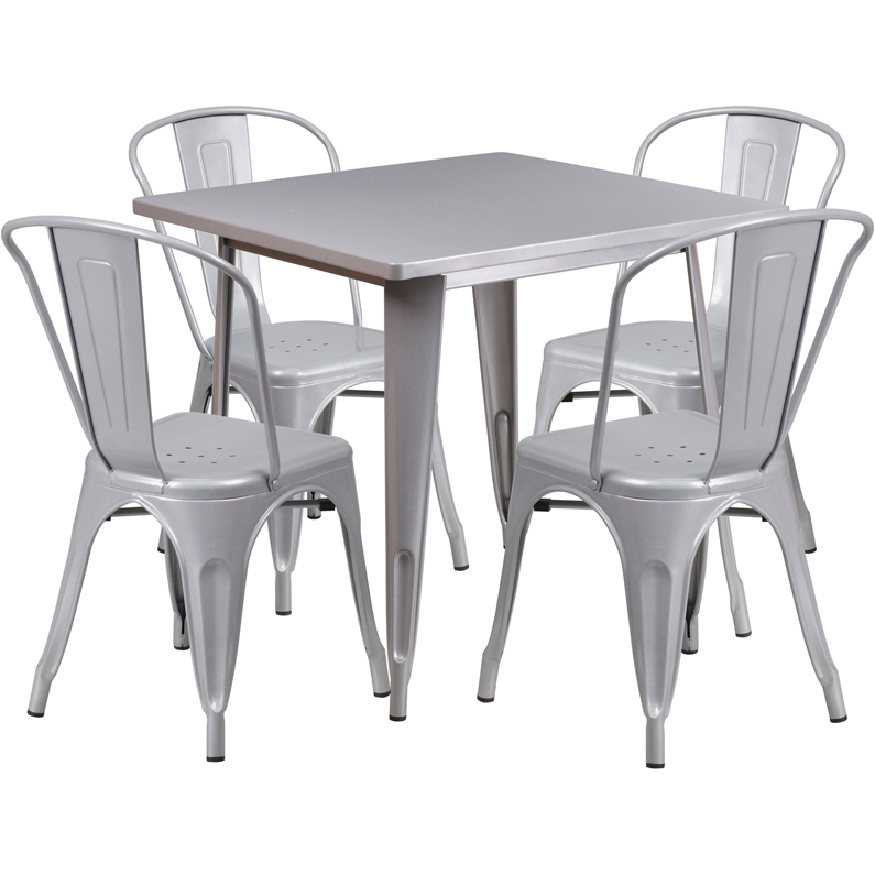Commercial Grade 31.5 Square Silver Metal Indoor-Outdoor Table Set With 4 Stack Chairs