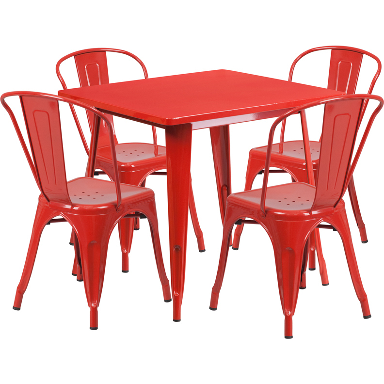 Commercial Grade 31.5 Square Red Metal Indoor-Outdoor Table Set With 4 Stack Chairs