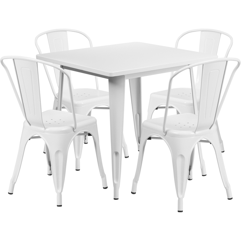 Commercial Grade 31.5 Square White Metal Indoor-Outdoor Table Set With 4 Stack Chairs