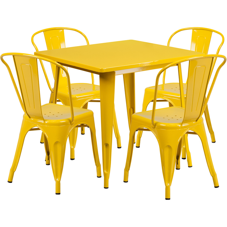 Commercial Grade 31.5 Square Yellow Metal Indoor-Outdoor Table Set With 4 Stack Chairs