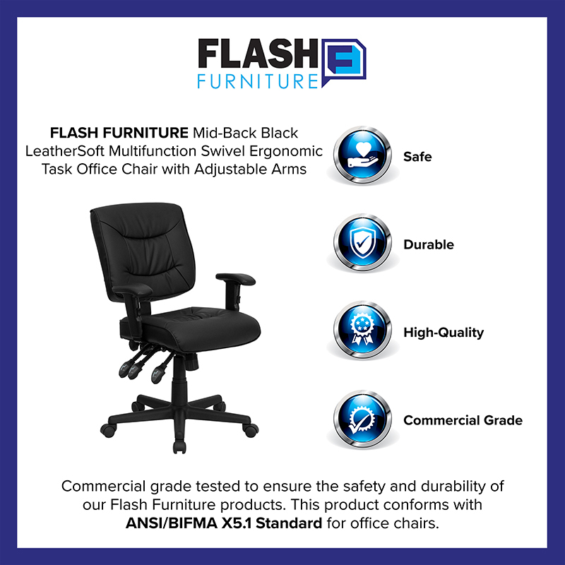 Mid-Back Black LeatherSoft Multifunction Swivel Ergonomic Task Office Chair With Adjustable Arms