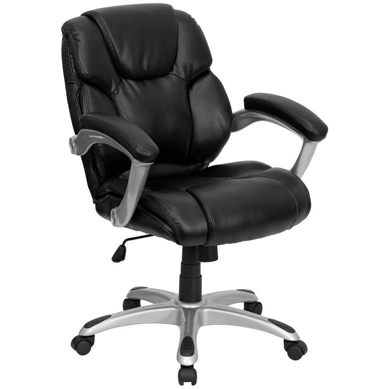 Mid-Back Black LeatherSoft Layered Upholstered Executive Swivel Ergonomic Office Chair With Silver Nylon Base And Arms