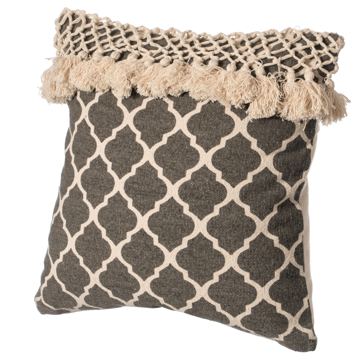 16" Handwoven Cotton Throw Pillow Cover with Ogee Pattern and Tasseled Top - charcoal with cushion