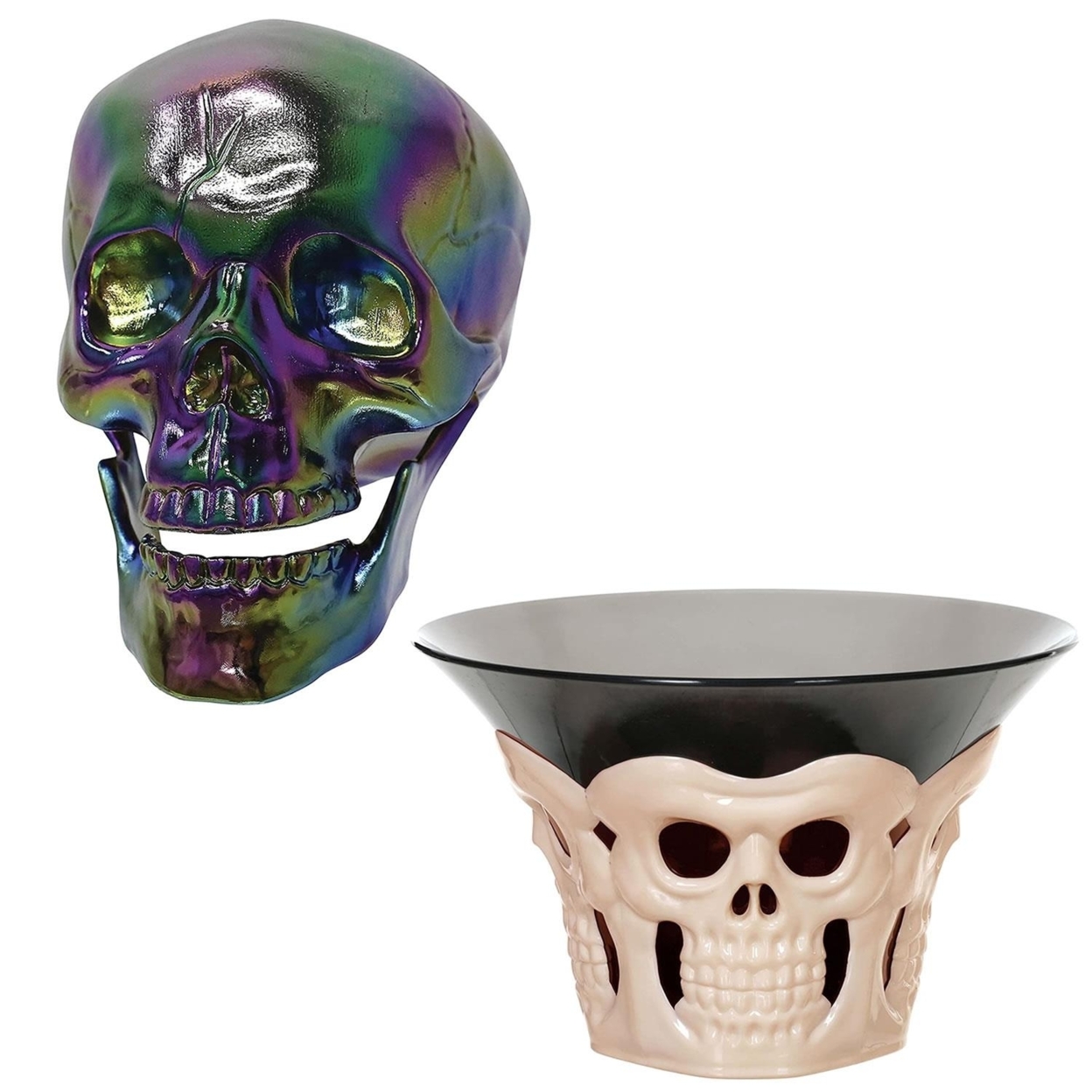 Bone Skull Candy Bowl & Skull Oil Slick Iridescent Finish Bundle Spooky Halloween Seasons Z18246/W80646