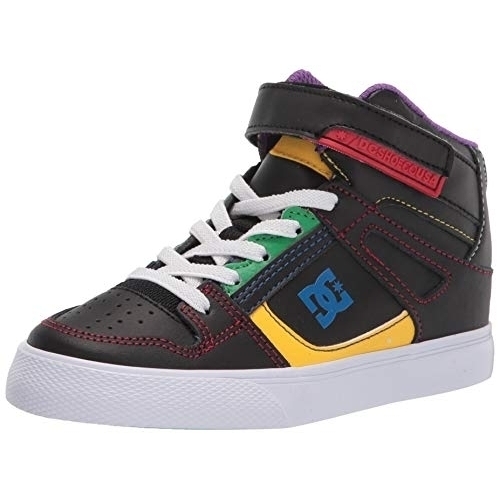 DC Kids' Pure High Top Ev Skate Shoes With Ankle Strap And Elastic Laces BLACK/MULTI - BLACK/MULTI, 4.5 Big Kid