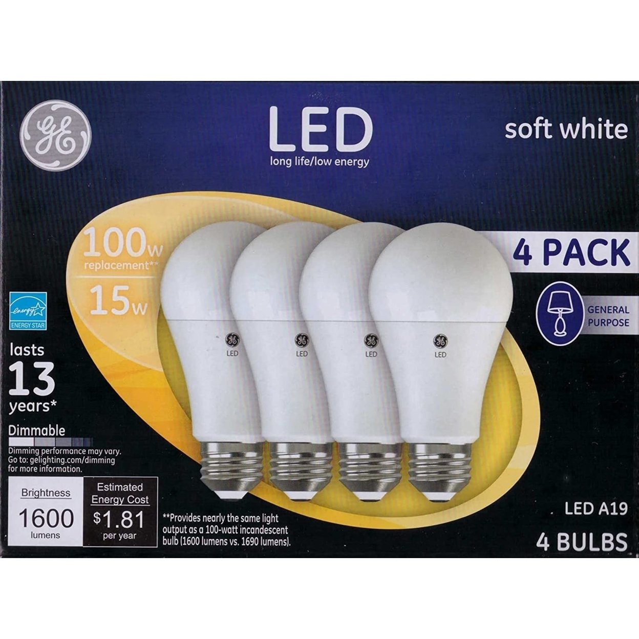 GE Soft White 100W Replacement LED General Purpose Light Bulbs A19 (4 Pack)