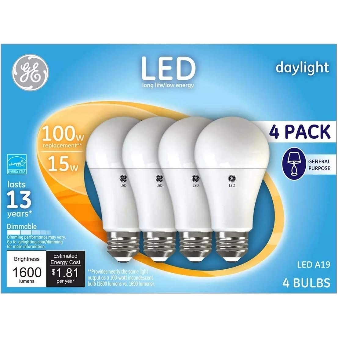 GE Daylight LED 100W Replacement Indoor General Purpose A19 Light Bulbs (4-Pack)