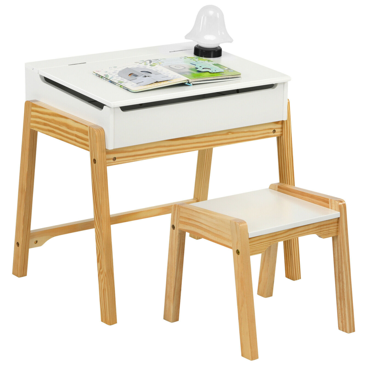 Kids Table & Chair Set Wooden Activity Art Study Desk W/Storage Space - White