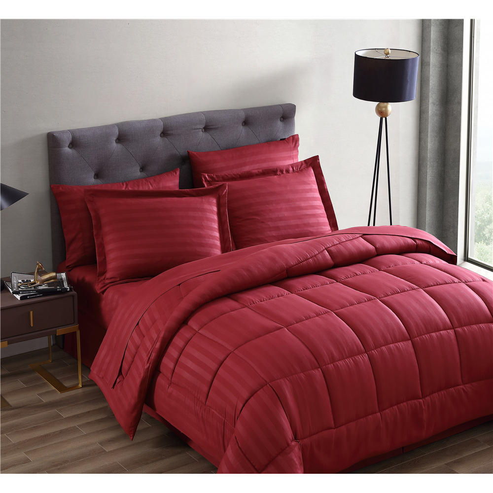 Maple Dobby Stripe 8 Piece bed in a bag Comforter Set - Burgundy, King - king red