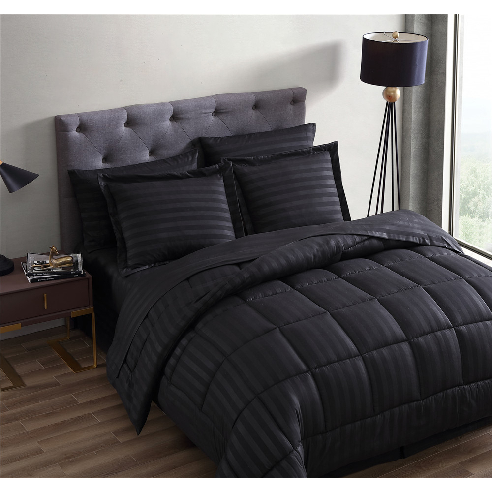 Maple Dobby Stripe 8 Piece bed in a bag Comforter Set - Black, King