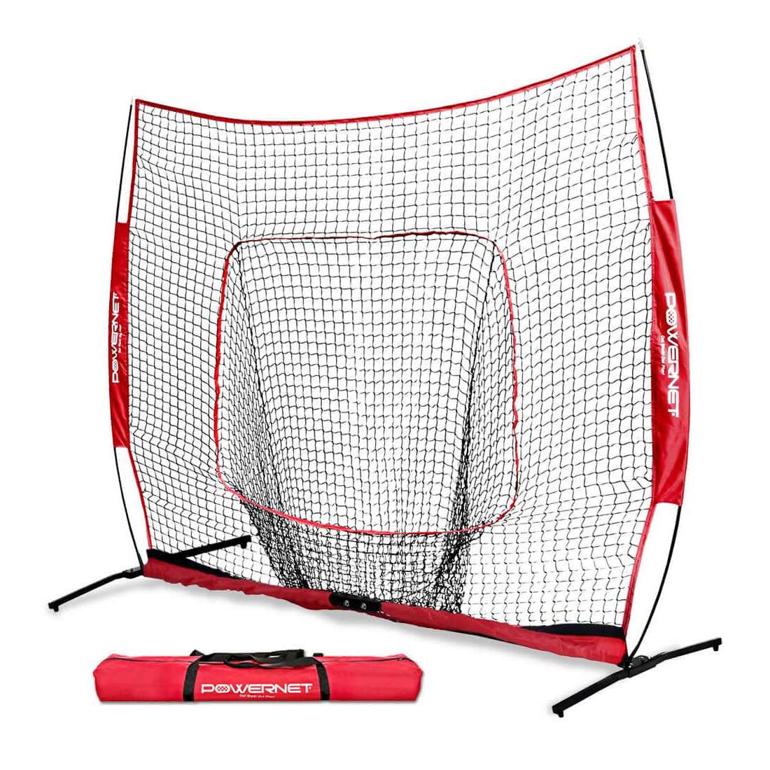 PowerNet 7x7 PRO Portable Pitching Batting Net With One Piece Frame And Carry Bag - Red