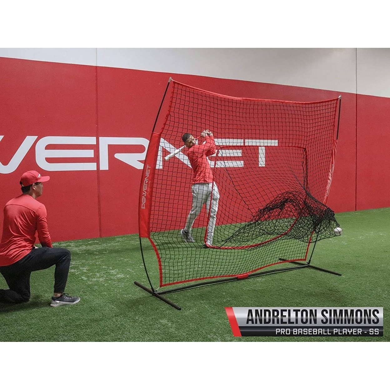 PowerNet DLX 7x7 Baseball Softball Hitting Net + Weighted Heavy Ball + Strike Zone Attachment + Carry Bag - Red