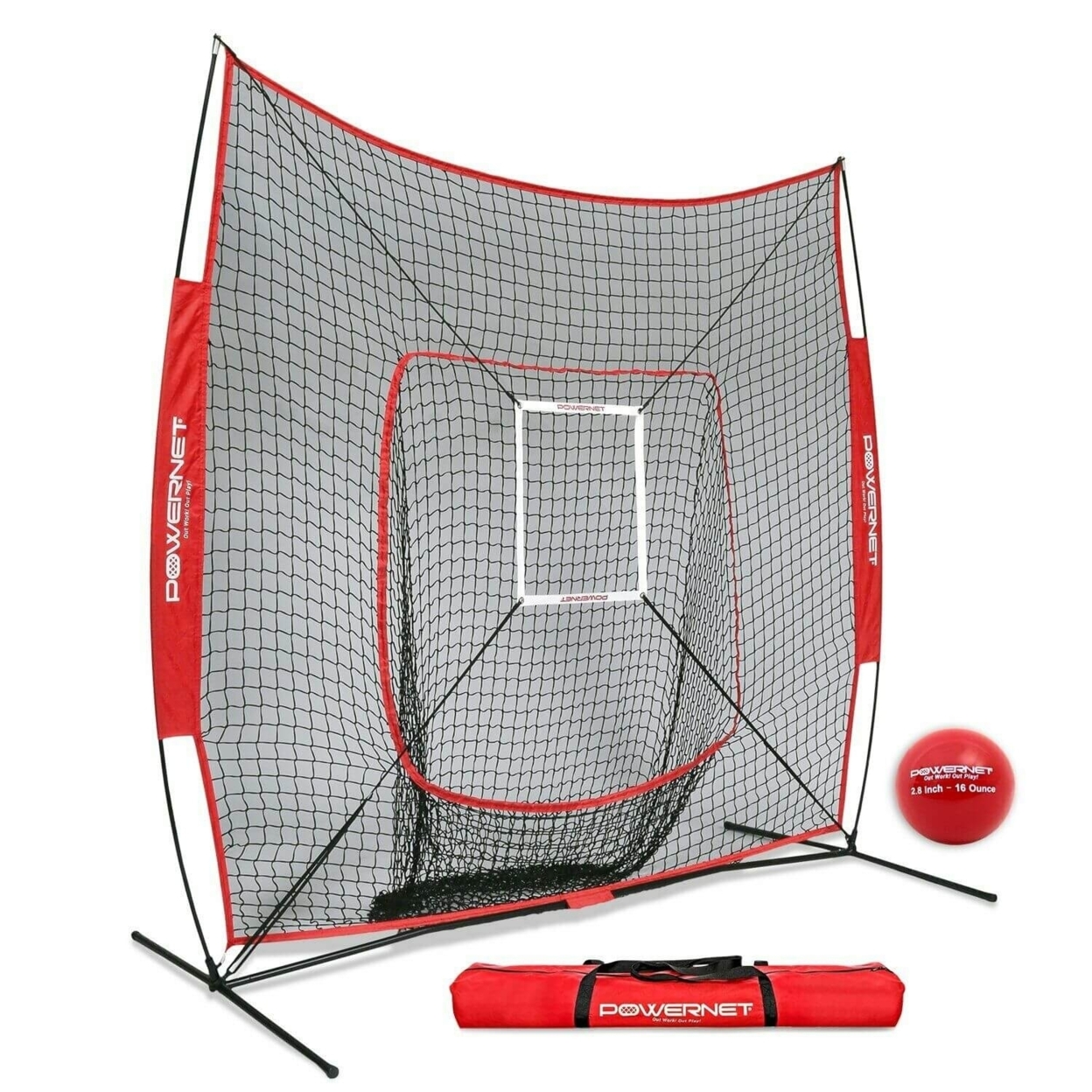 PowerNet DLX 7x7 Baseball Softball Hitting Net + Weighted Heavy Ball + Strike Zone Attachment + Carry Bag - Red