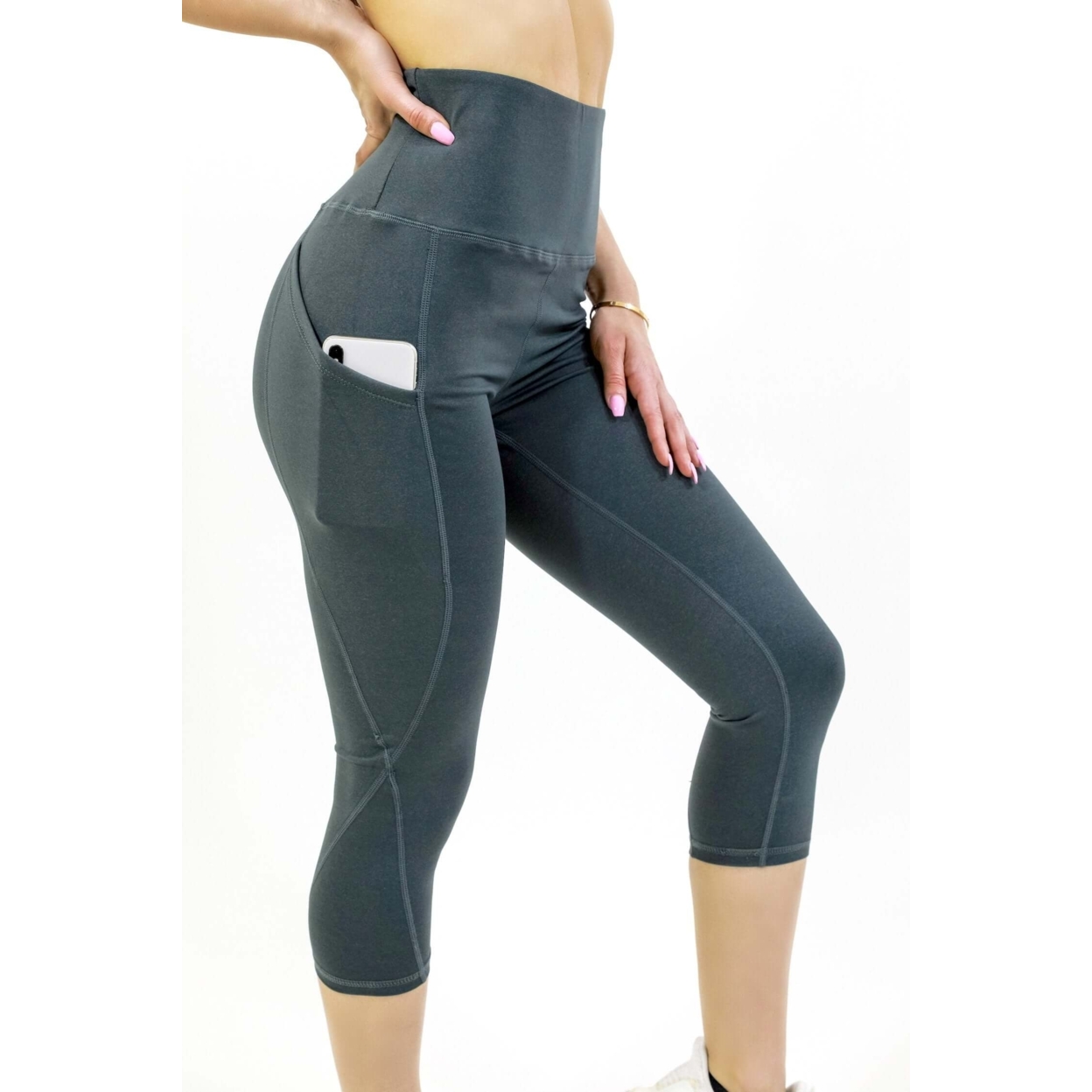 Seajoy Athletic High-Waisted Capri Leggings With Hip Pockets - Olive, Small