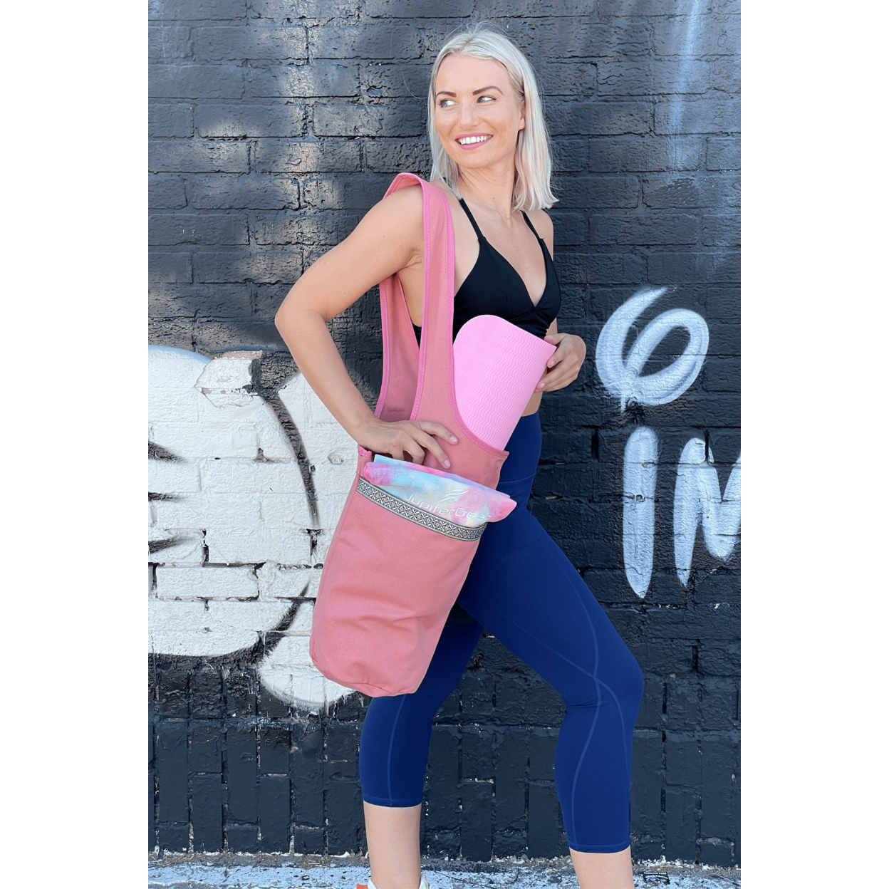 Yoga Mat Carrying Tote Bag With Large Pockets - Pink