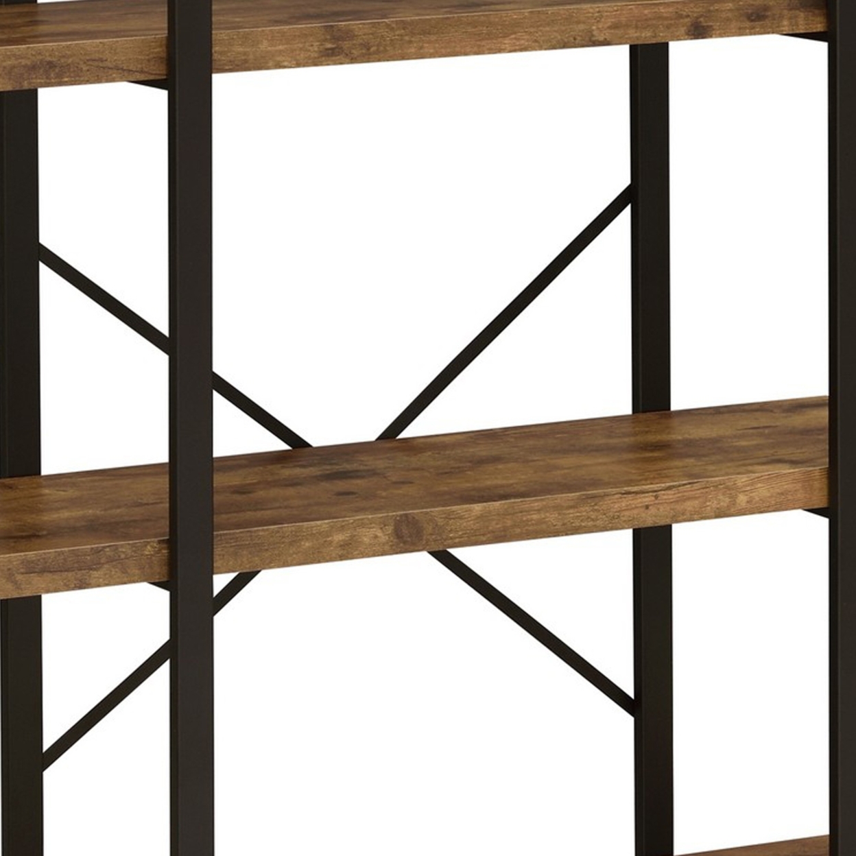 Ana 40 Inch Wood Bookcase, 3 Shelves, Crossed Metal Design, Rustic Brown