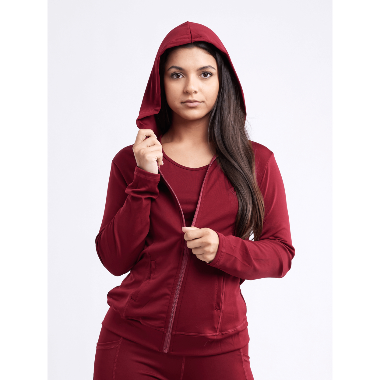 Athletic Fitted Zip-Up Hoodie Jacket With Pockets - Burgundy, Small / Medium