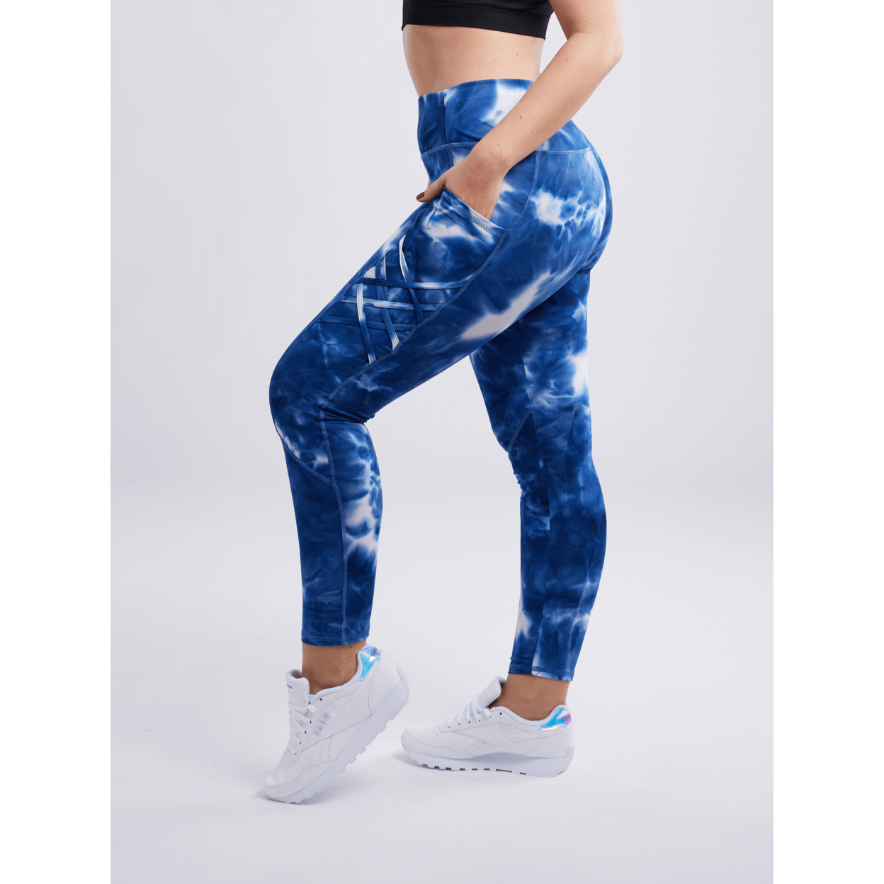 High-Waisted Criss-Cross Training Leggings With Hip Pockets - White Blue, Small / Medium