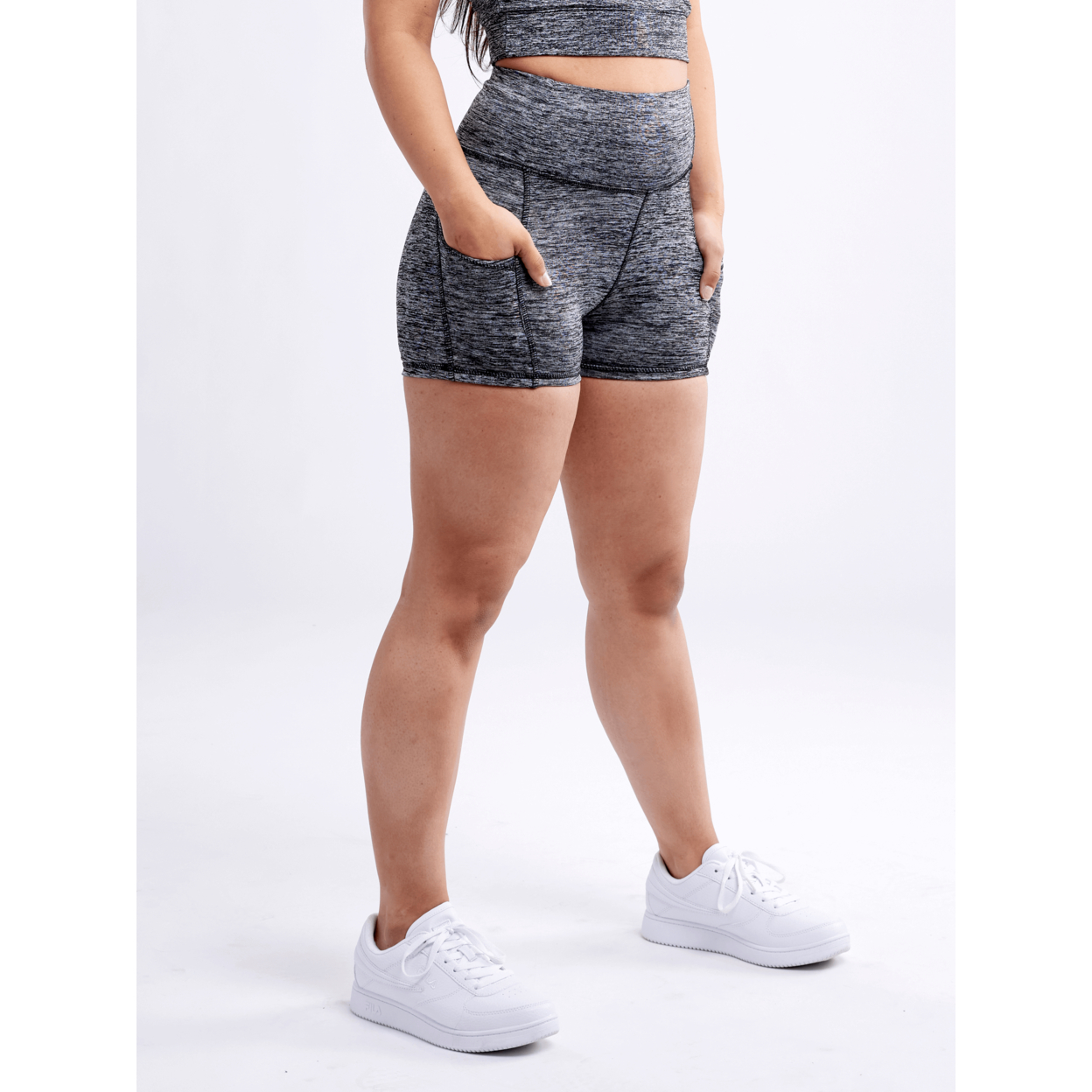 High-Waisted Athletic Shorts With Side Pockets - Grey, Small / Medium