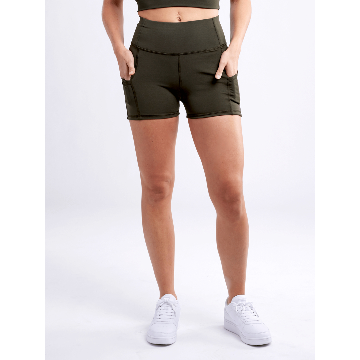 High-Waisted Athletic Shorts With Side Pockets - Olive Green, Small / Medium