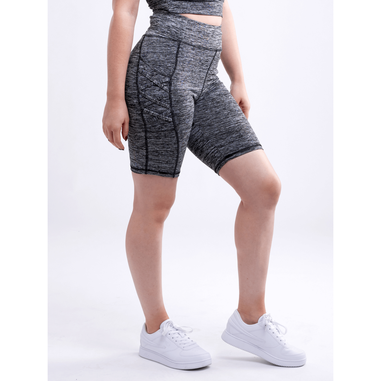 High-Waisted Workout Shorts With Pockets & Criss Cross Design - Grey, Small / Medium