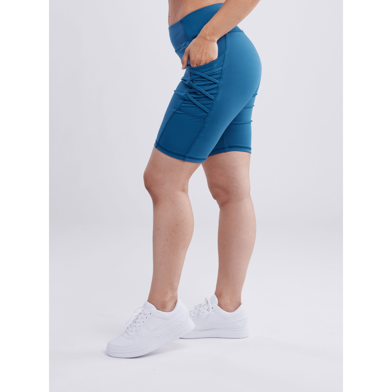 High-Waisted Workout Shorts With Pockets & Criss Cross Design - Denim Blue, Small / Medium