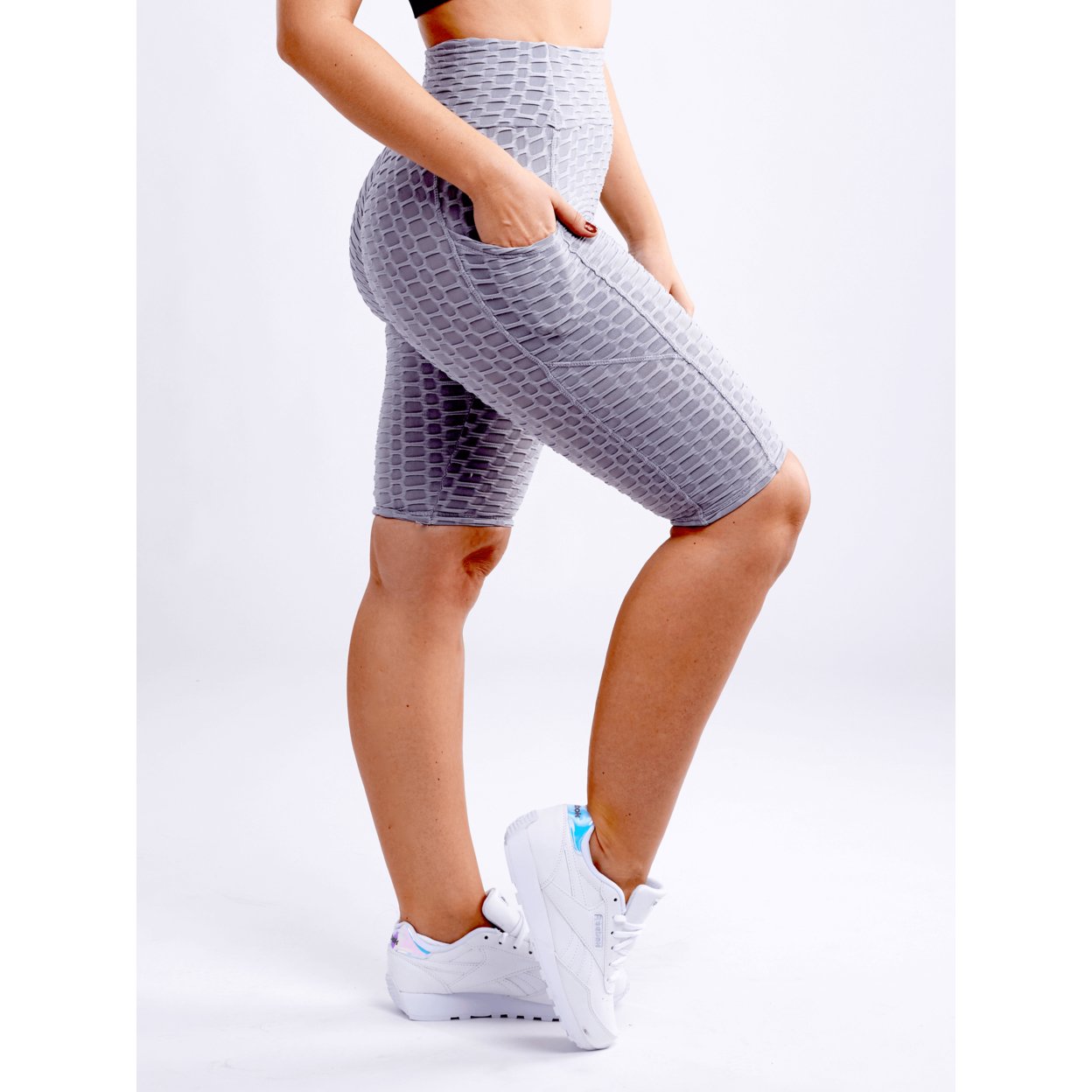 High-Waisted Scrunch Yoga Shorts With Hip Pockets - Grey, Small / Medium