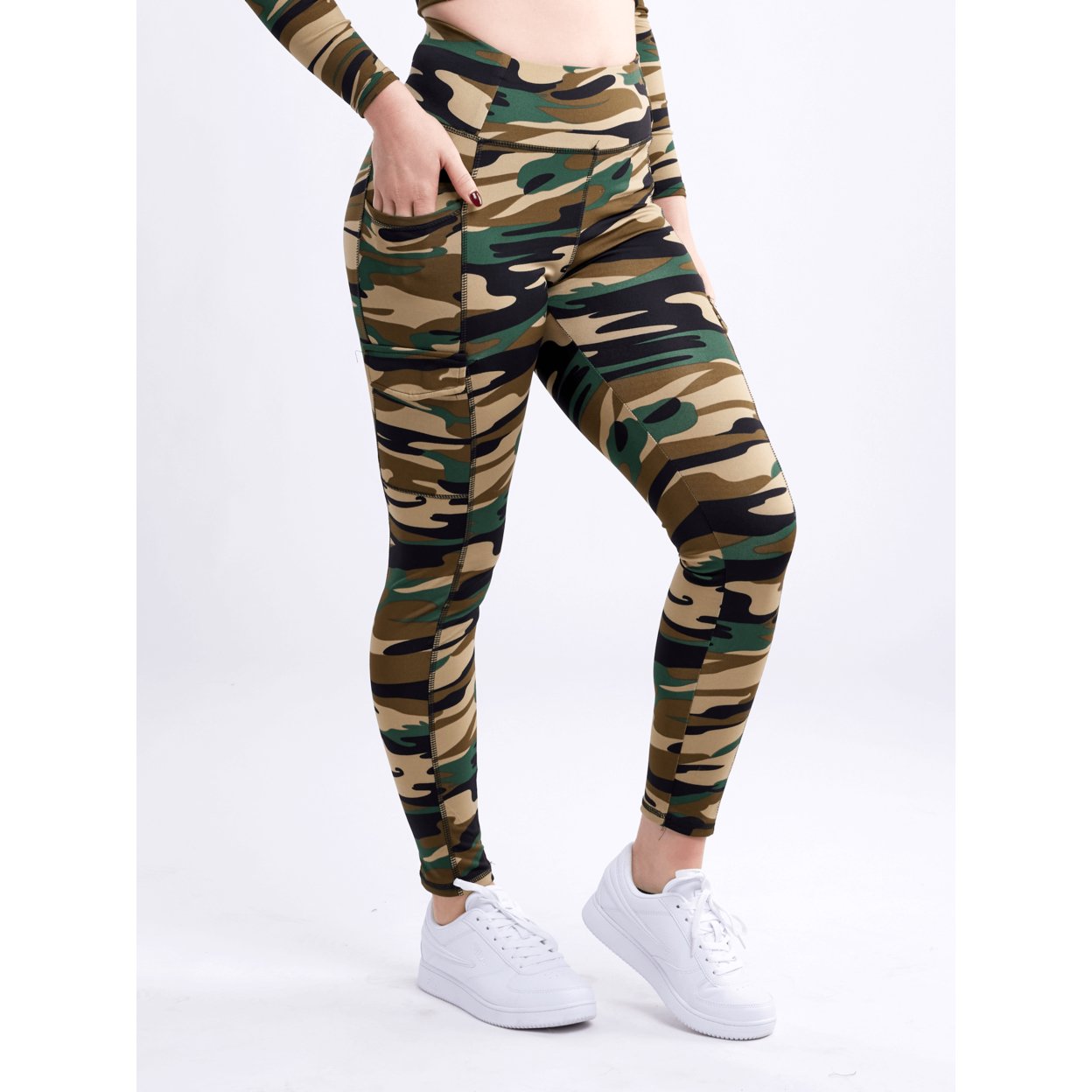 High-Waisted Leggings With Side Cargo Pockets - French Camo, Large / Extra-Large